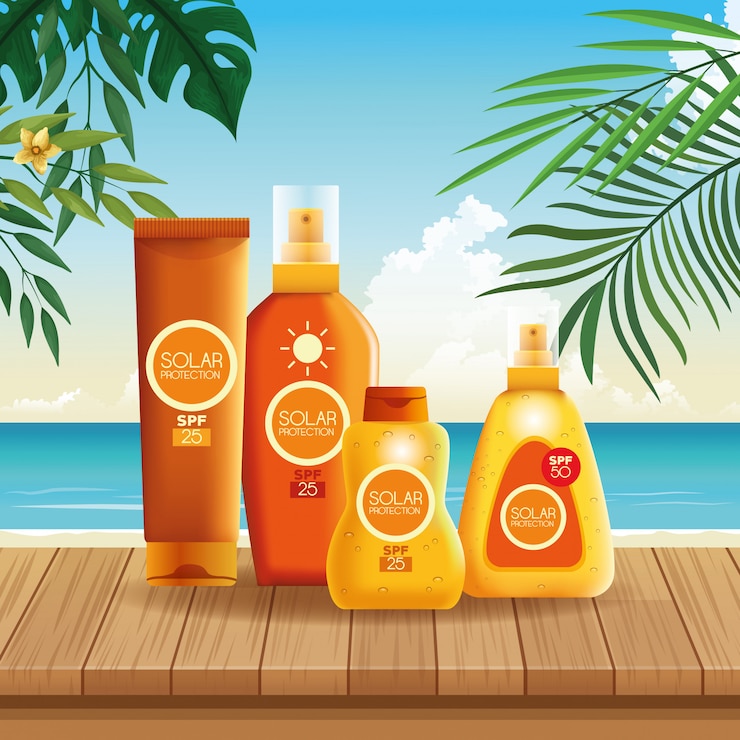 Vector gratuito botellas de protección solar productos para verano.
