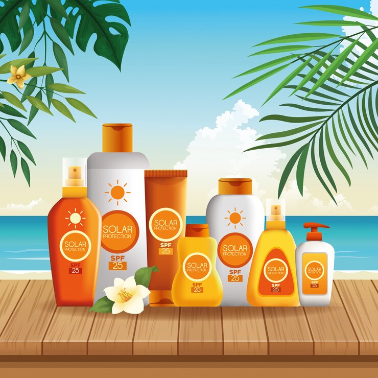 Vector gratuito botellas de protección solar productos para verano.