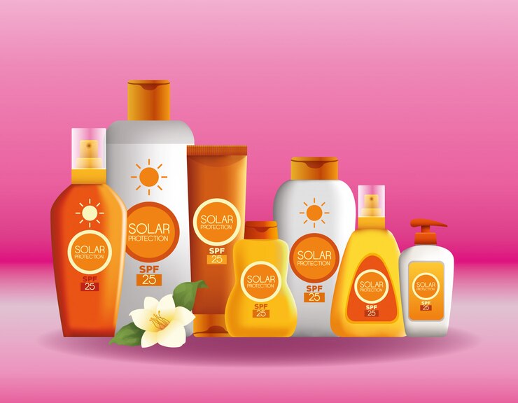 Vector gratuito botellas de protección solar productos para verano.