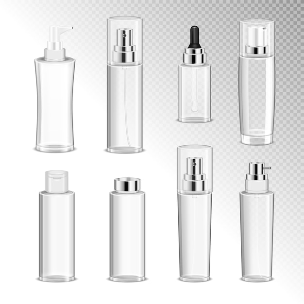 Botellas de spray cosméticos con dispensador iconos aislados en ilustración de fondo transparente