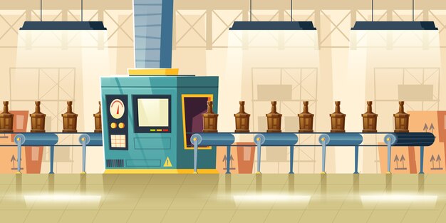 Botellas de vidrio en cinta transportadora, dibujos animados