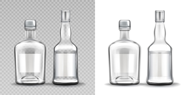 Botellas de vidrio de varias formas. Vodka, ron, whisky