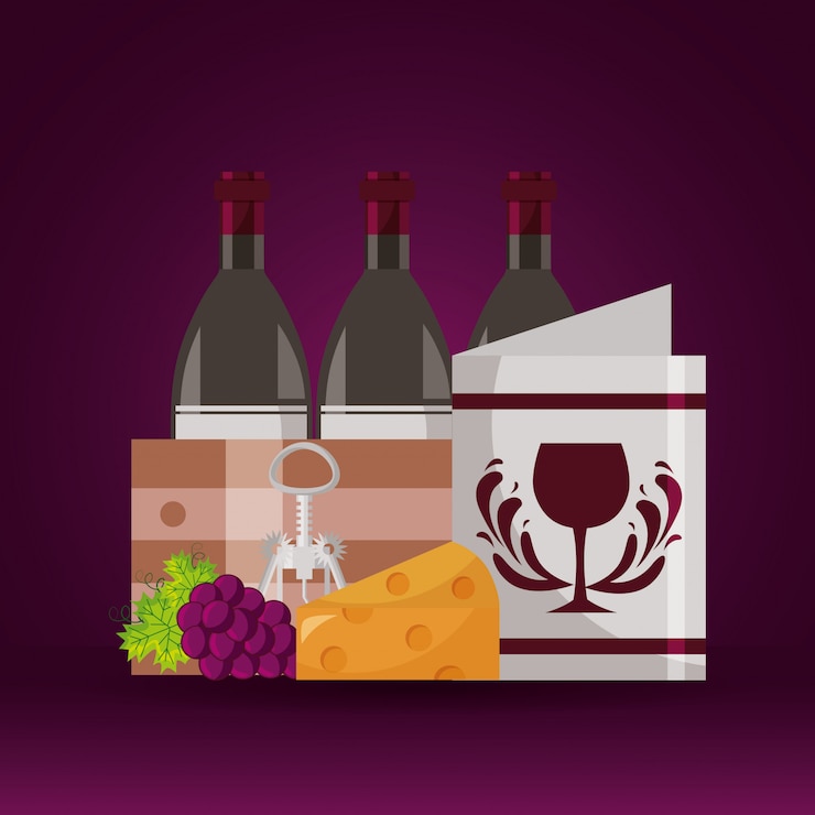 Vector gratuito botellas de vino canasta de madera menú queso uvas sacacorchos
