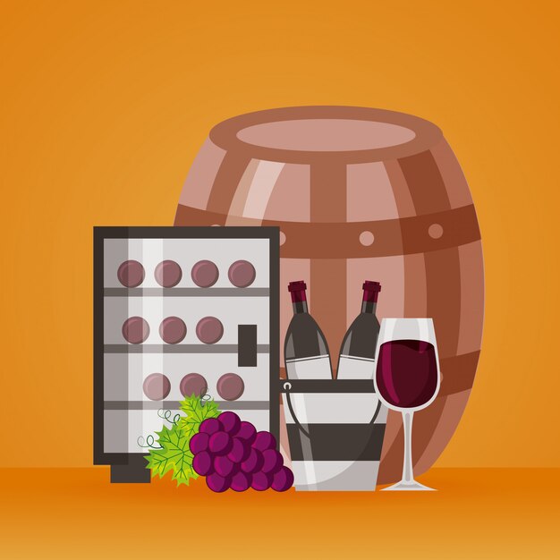Botellas de vino, cubo de hielo, refrigerador, taza y uvas
