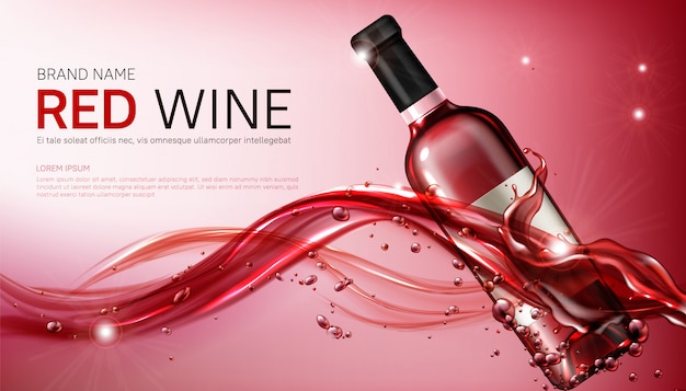 Botellas de vino en líquido rojo que fluye realista