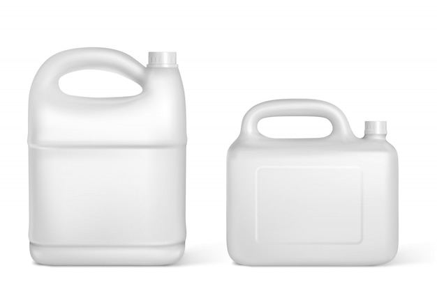 Botes de plástico, bidón blanco botellas aisladas