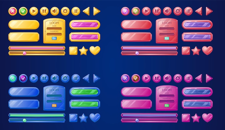 Vector gratuito botón de interfaz de juego ui diseño vectorial de icono marco de dibujos animados para aplicación de reproductor de música de video gui elementos de tablero de usuario para navegación en rosa azul y oro activo de cartel con gema para banner de sitio web