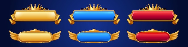Botón de juego de fantasía dorado con corona y alas.