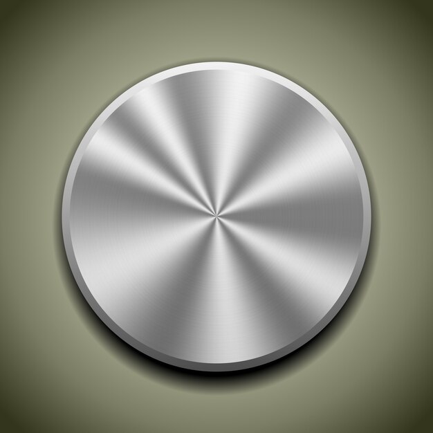 Botón de metal realista con procesamiento circular, reflejo de cono