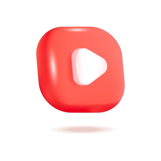 Botón de reproducción rojo ilustración vectorial 3d. Icono de redes sociales para sitios de redes o aplicaciones en estilo de dibujos animados aislado sobre fondo blanco. Comunicación en línea, concepto de marketing digital.