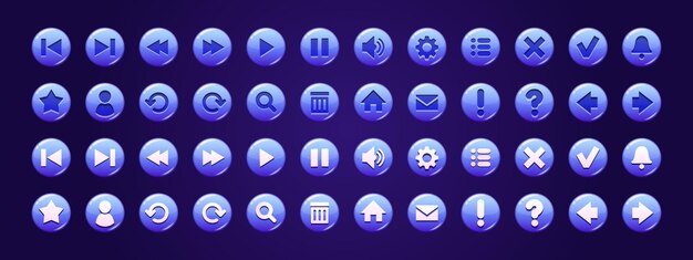 Botones de círculo azul con iconos para sitio web o juego