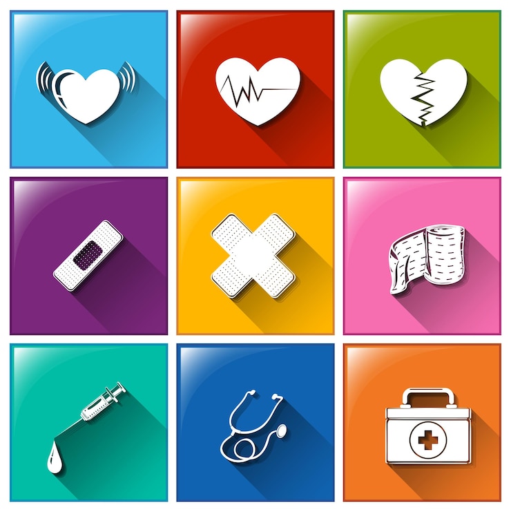 Vector gratuito botones con los diferentes materiales médicos