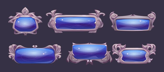 Botones de fantasía con marcos plateados para el juego rpg Elementos de la interfaz de usuario del juego vectorial diferentes formas Conjunto de dibujos animados de pancartas azules viejas en blanco con elegantes bordes metálicos aislados en el fondo