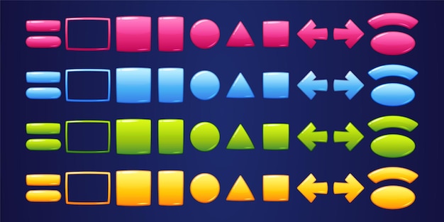 Botones geométricos brillantes para juego.