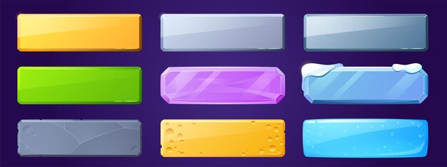 Botones de interfaz de usuario del juego para la interfaz de la aplicación, placas de menú de dibujos animados o pancartas. Elementos de diseño gráfico de interfaz gráfica de usuario con textura hielo, madera, piedra, metal y queso con panel de usuario de gema de cristal rosa aislado conjunto de vectores 2d