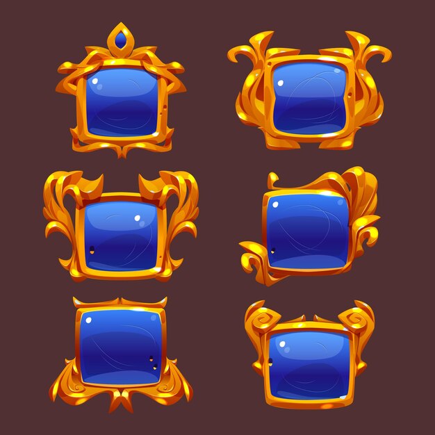 Botones de juego azules con marcos dorados de fantasía.