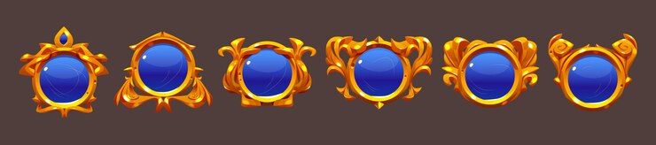 Vector gratuito botones de juego azules con marcos dorados.