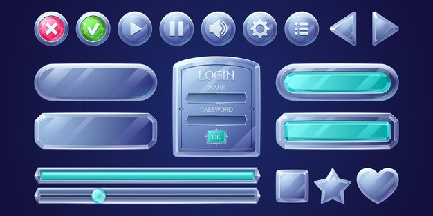 Botones de juego de cristal ui o elementos del panel de menú ux