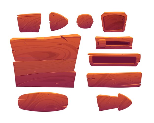 Botones de juego de madera, interfaz de menú de dibujos animados de tableros con textura de madera