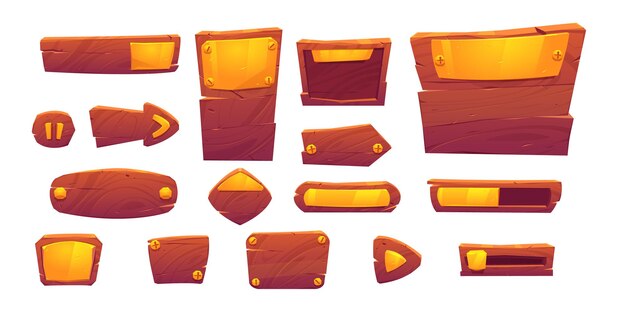 Botones de juego de textura de madera y oro, elementos de interfaz de menú de dibujos animados