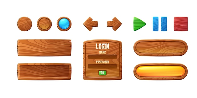 Botones de madera para el diseño de la interfaz de usuario en el reproductor de video del juego o el conjunto de dibujos animados de vector de sitio web de color marrón ...