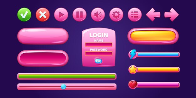 Botones y marcos de color rosa brillante para el diseño de juegos