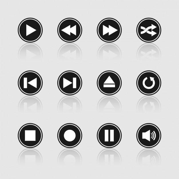 Botones multimedia en blanco y negro