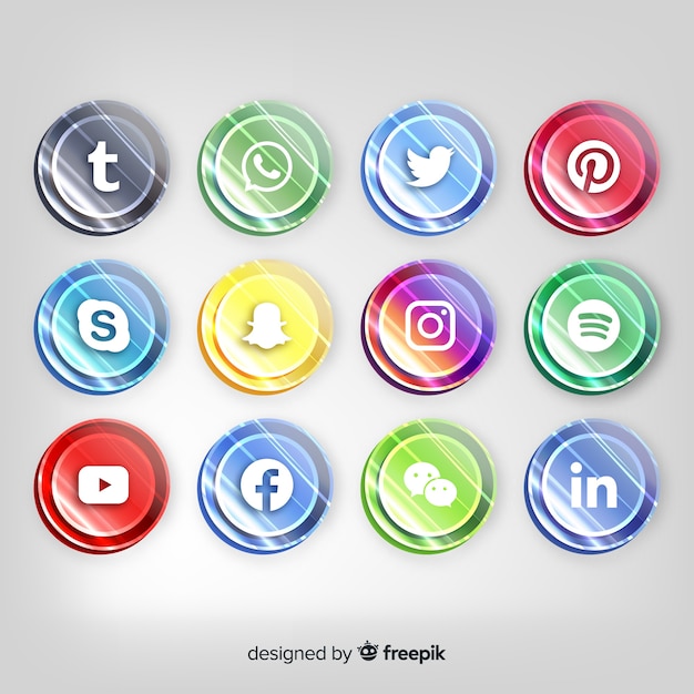 Botones realistas con colección de logotipos de redes sociales