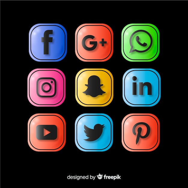 Botones realistas con colección de logotipos de redes sociales
