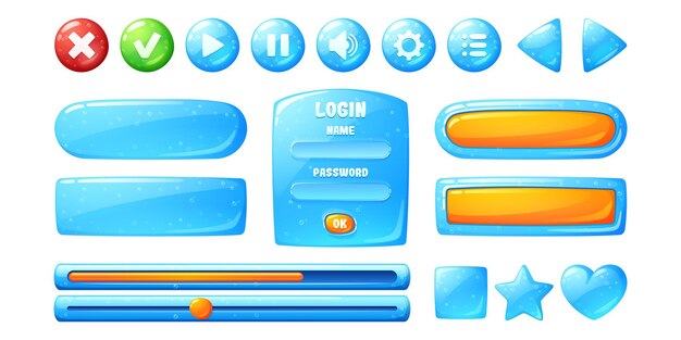 Botones con textura de gelatina azul para el diseño de la interfaz de usuario en el juego. Conjunto de dibujos animados de vector de elementos de interfaz de usuario de agua con burbujas, casilla de verificación, botones de parada, reproducción y pausa y marco de inicio de sesión
