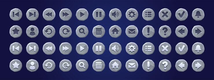 Vector gratuito botones de textura de piedra para el menú de interfaz de juego o aplicación conjunto de elementos de diseño de interfaz de usuario tecla de usuario pausa de engranaje de flecha y campana de notificación configuración de zoom de reproducción mensaje página de inicio pregunta estrella iconos vectoriales