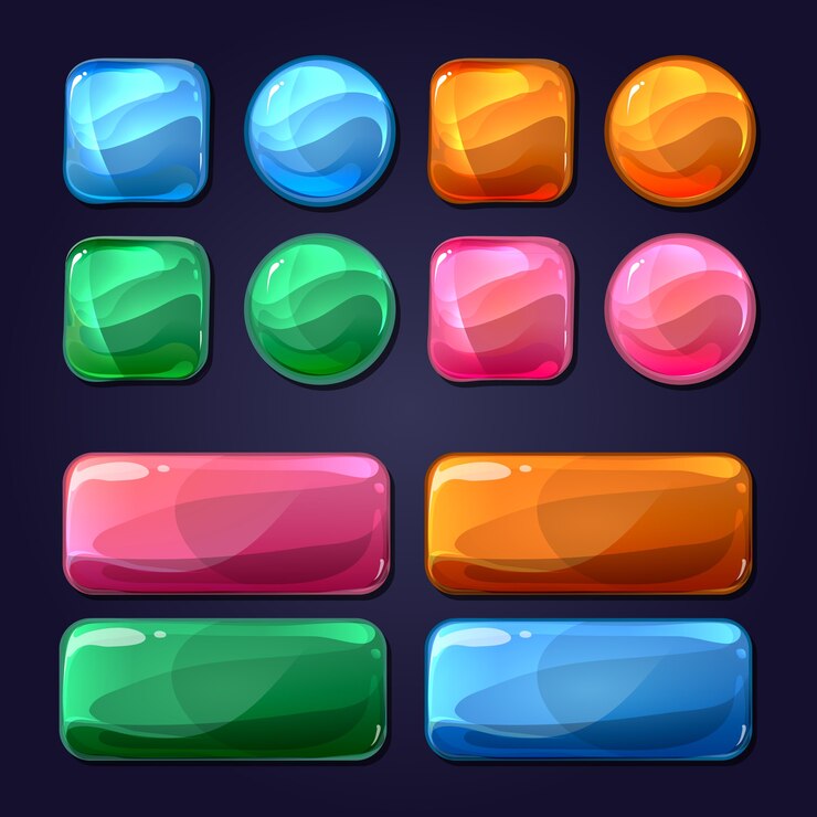 Vector gratuito botones de vidrio de dibujos animados vectoriales para la interfaz de usuario de la interfaz de usuario del juego. diseño de ilustración de elemento brillante brillante, redondo