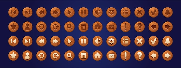 Botones web de madera iconos redondos para la interfaz del juego