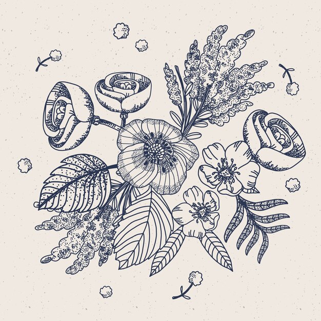 Bouque floral vintage dibujado a mano realista