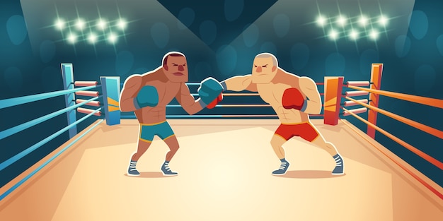 Boxeadores peleando en el anillo de dibujos animados ilustración