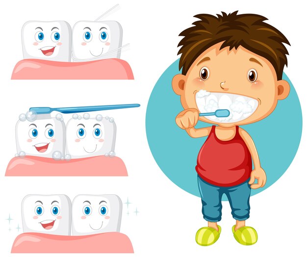 Boy cepillarse los dientes con los dientes con chicle