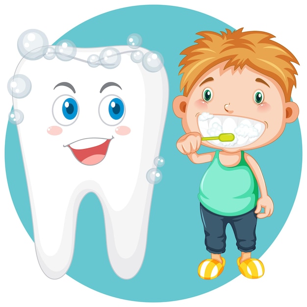 Vector gratuito boy cepillarse los dientes junto a dientes sanos