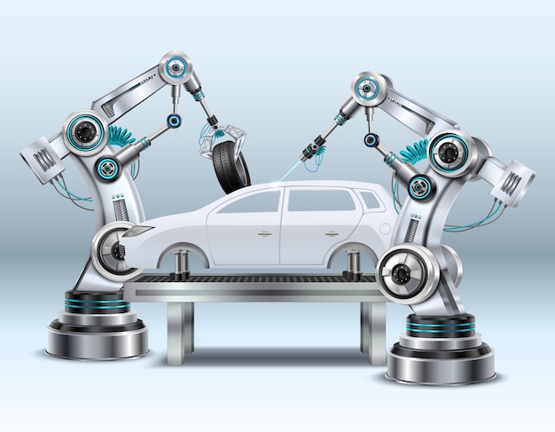 Brazos robóticos en el proceso de fabricación de la línea de ensamblaje de automóviles en la industria automotriz imagen realista de primer plano