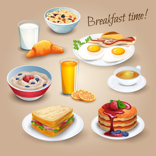 Brekfast tiempo realista pictogramas póster