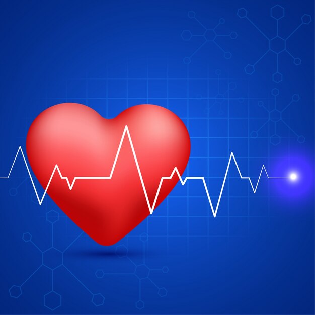 Brillante corazón rojo con el pulso de latido del corazón blanco sobre fondo de moléculas azules para el concepto médico.