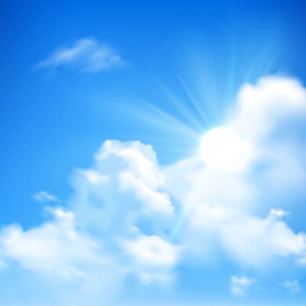 Vector gratuito brillantes rayos de sol saliendo de fondo de nubes de montón