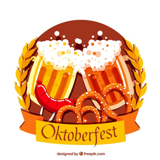 Brindis con cerveza, salchicha y pretzels con diseño plano