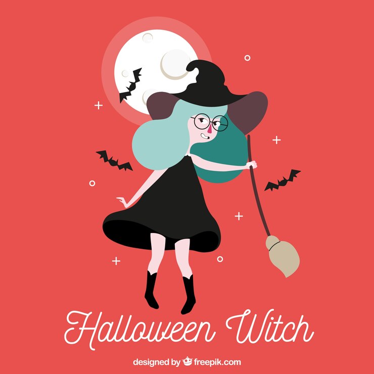 Vector gratuito bruja adorable con escoba y murciélagos