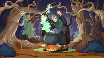 Vector gratuito la bruja del bosque encantado hace una poción.