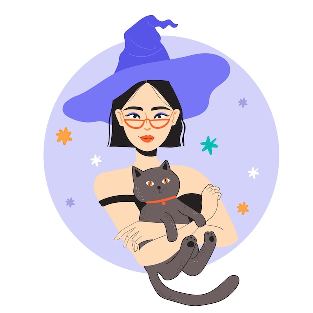 Vector gratuito bruja de halloween con gato gruñón