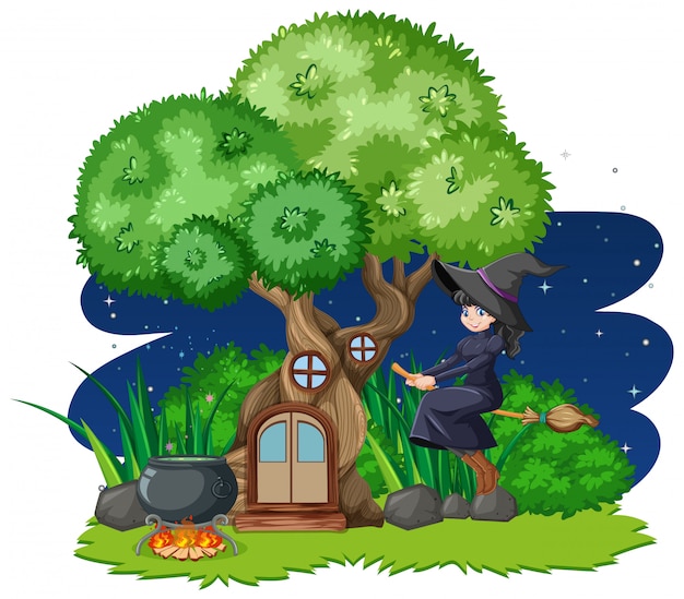 Bruja montando escoba junto a la casa del árbol de estilo de dibujos animados sobre fondo blanco.