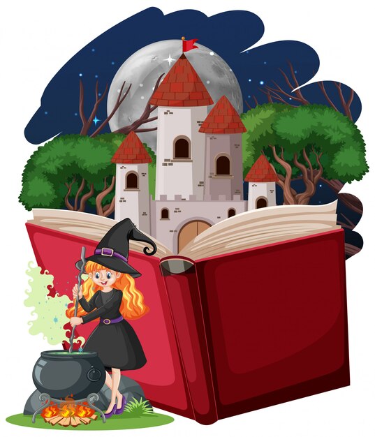 La bruja y la torre del castillo con pop-up estilo de dibujos animados de libros sobre fondo blanco.
