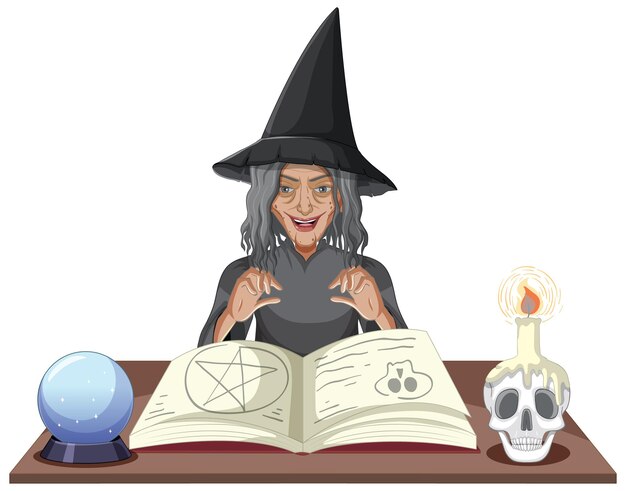 Bruja vieja malvada con libro de hechizos mágicos
