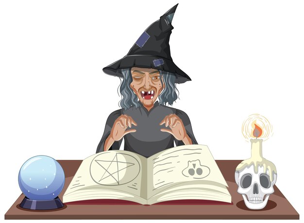 Bruja vieja malvada con libro de hechizos mágicos