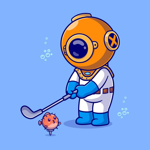 Buceador lindo jugando al golf con la ilustración del icono del vector de dibujos animados de peces globo. ciencia deporte aislado